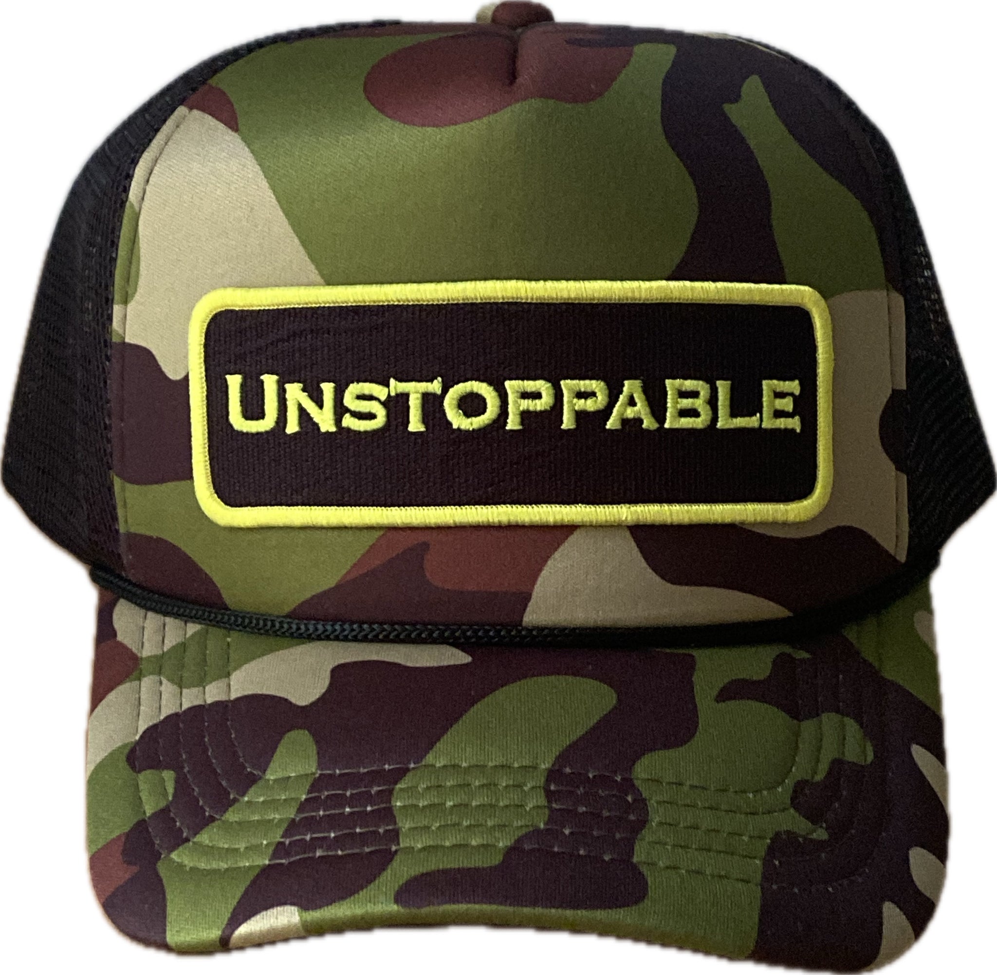 CAMOUFLAGE /BLACK TRUCKER HAT NEON YELLOW /BLACK PATCH
