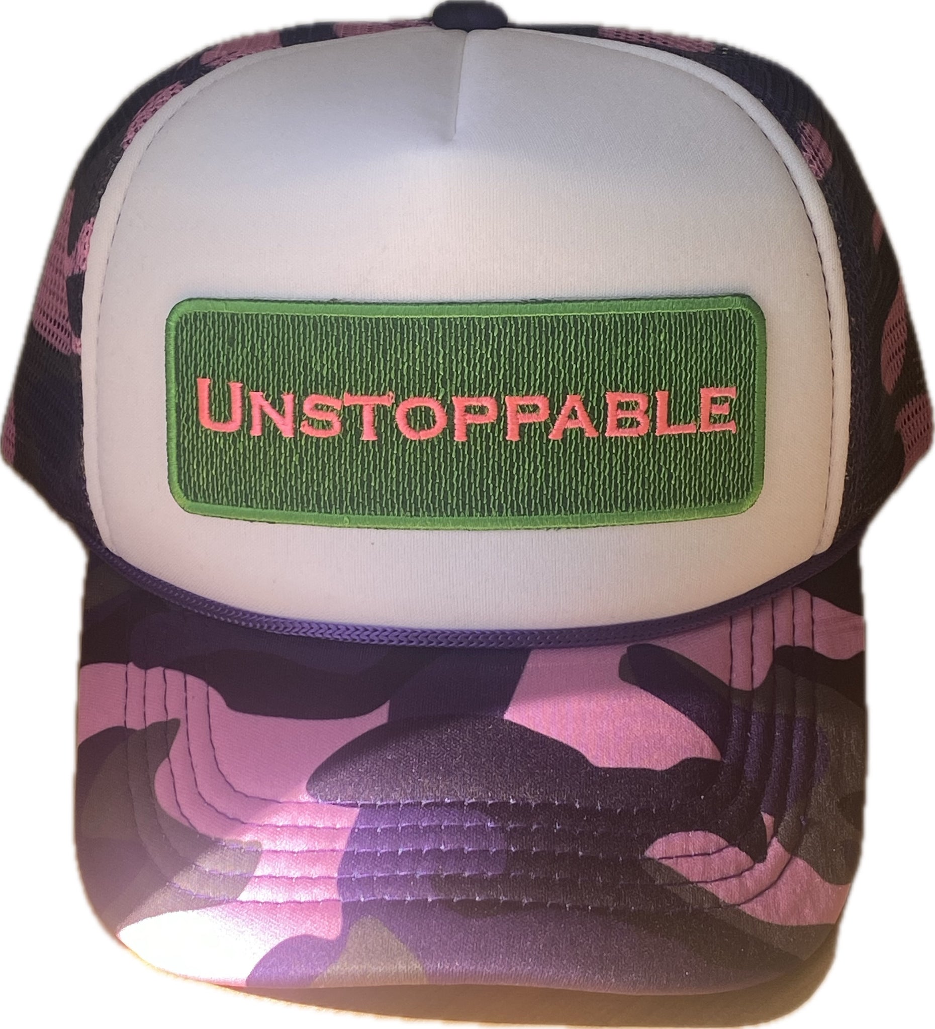 CAMO DREAMS ๐ PURPLE & LIME/PINK TRUCKER HAT PINK /BLACK PATCH