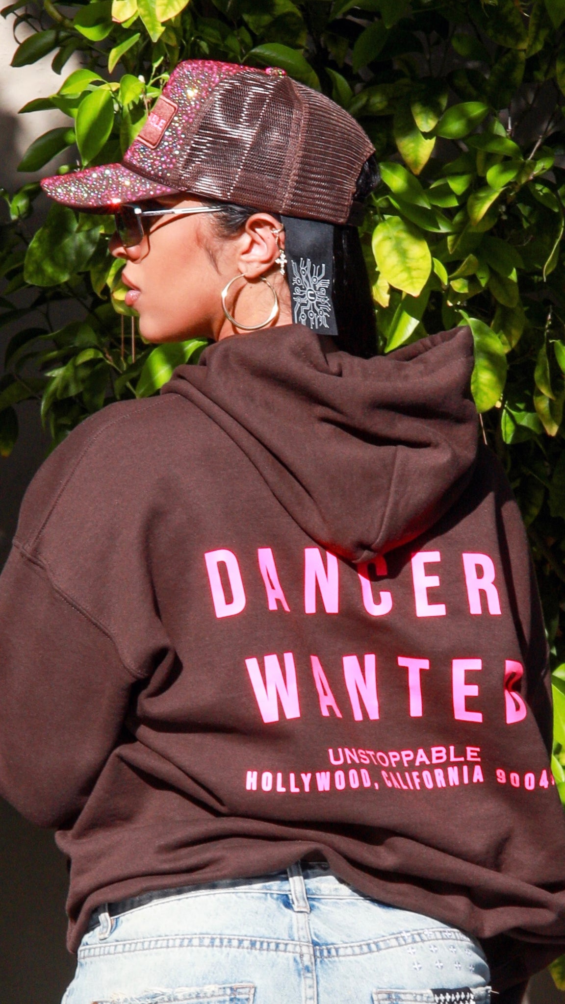 X MDOLLAS DANCERS WANTED HOODIE CHOCOLATE BROWN WITH HOT PINK