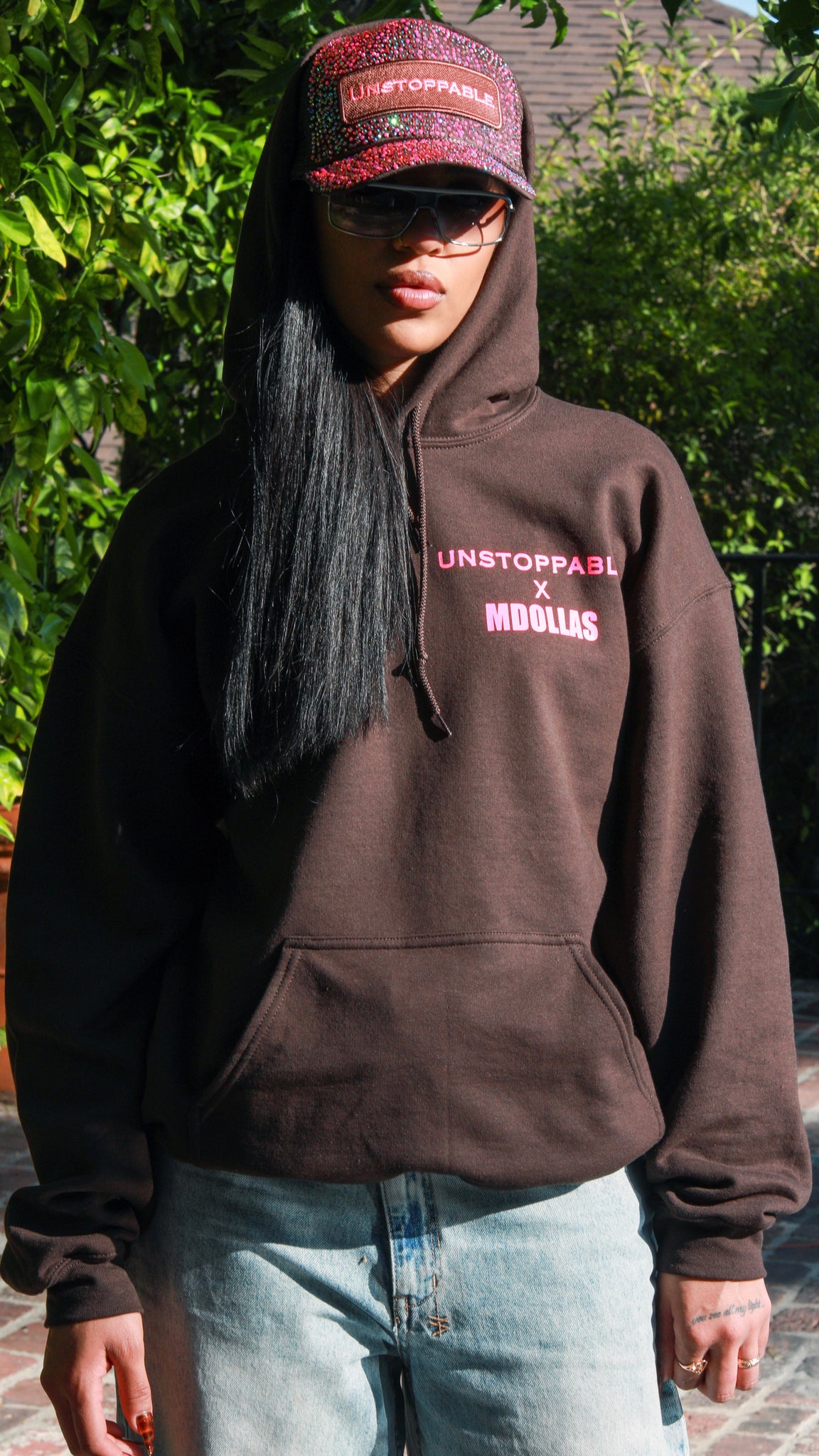X MDOLLAS DANCERS WANTED HOODIE CHOCOLATE BROWN WITH HOT PINK