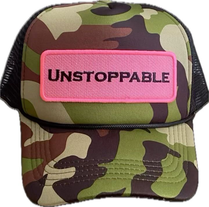 CAMOUFLAGE /BLACK TRUCKER HAT PINK PATCH